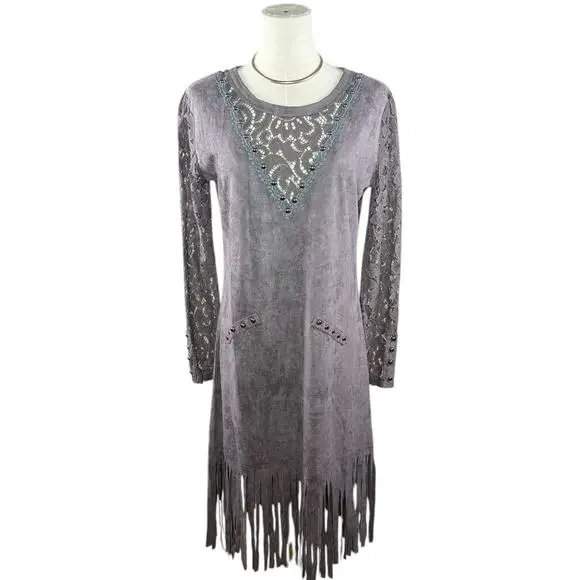 Pretty Angel Gray Linen Cotton Blend Fringe Western Boho Tunic Dress | M/L - Picture 2 of 11